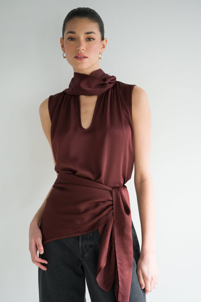 Lyanne Bow Neck Tie Satin Blouse | Plum