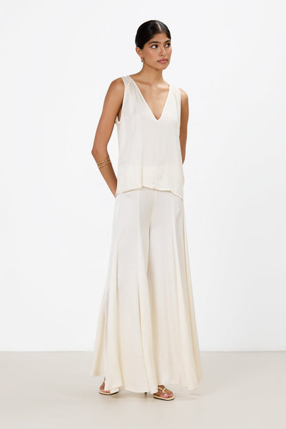 Gigi V Neck Sheer Back Satin Top | Ivory