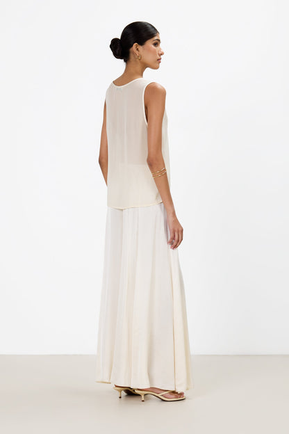 Gigi V Neck Sheer Back Satin Top | Ivory