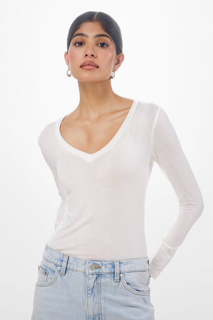 Sylvie V Neck Featherweight Top | White | Modal-Silk