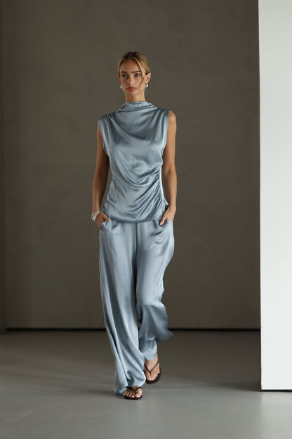 Cole Satin Trousers | Dusty Blue