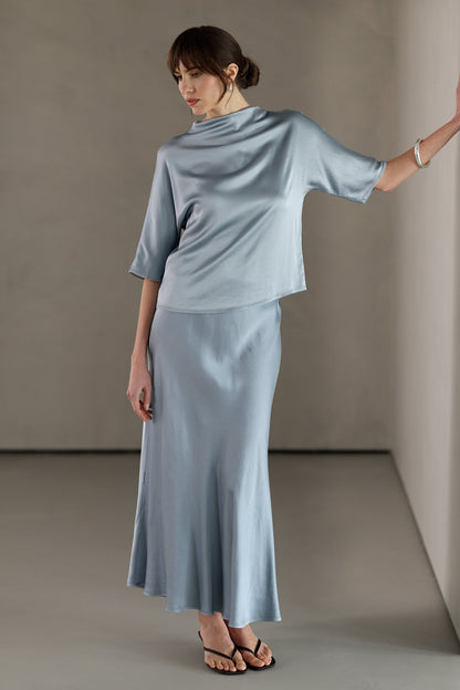 Camilla Bias Satin Skirt | Dusty Blue