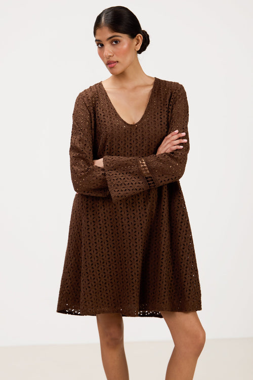 Kiara Long Sleeve Cotton Dress | Chocolate Brown