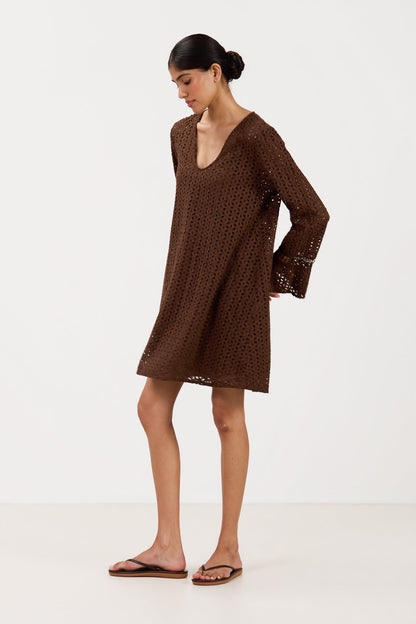 Kiara Long Sleeve Cotton Dress | Chocolate Brown