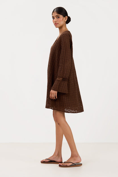 Kiara Long Sleeve Cotton Dress | Chocolate Brown