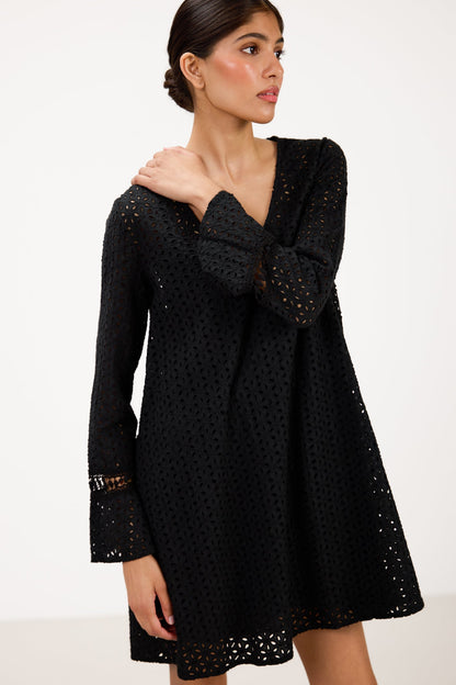 Kiara Long Sleeve Cotton Dress | Black