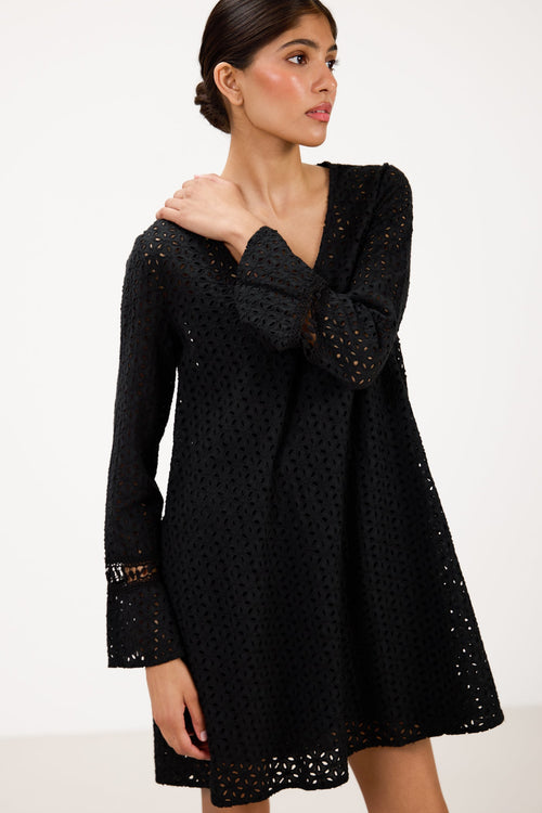 Kiara Long Sleeve Cotton Dress | Black