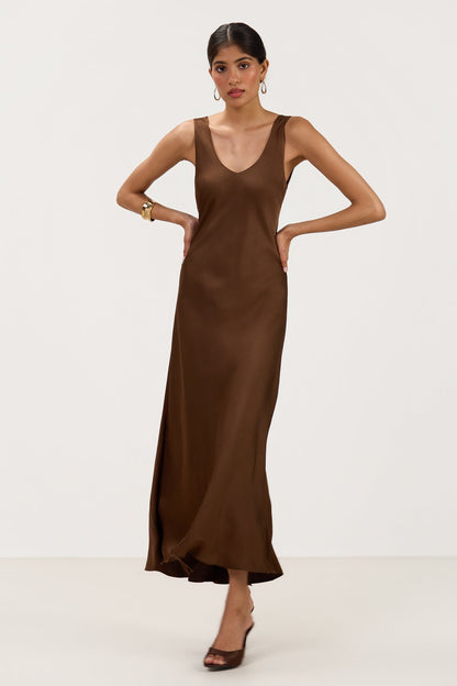 Liora Satin Maxi Dress | Chocolate Brown