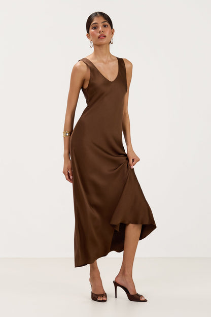 Liora Satin Maxi Dress | Chocolate Brown
