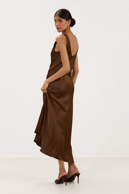 Liora Satin Maxi Dress | Chocolate Brown