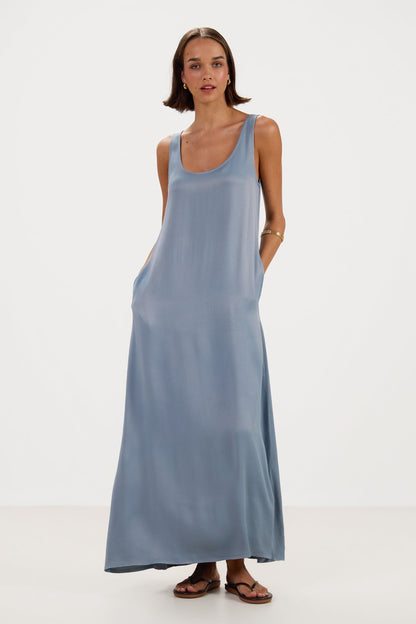 Chiara Satin Dress | Dusty Blue