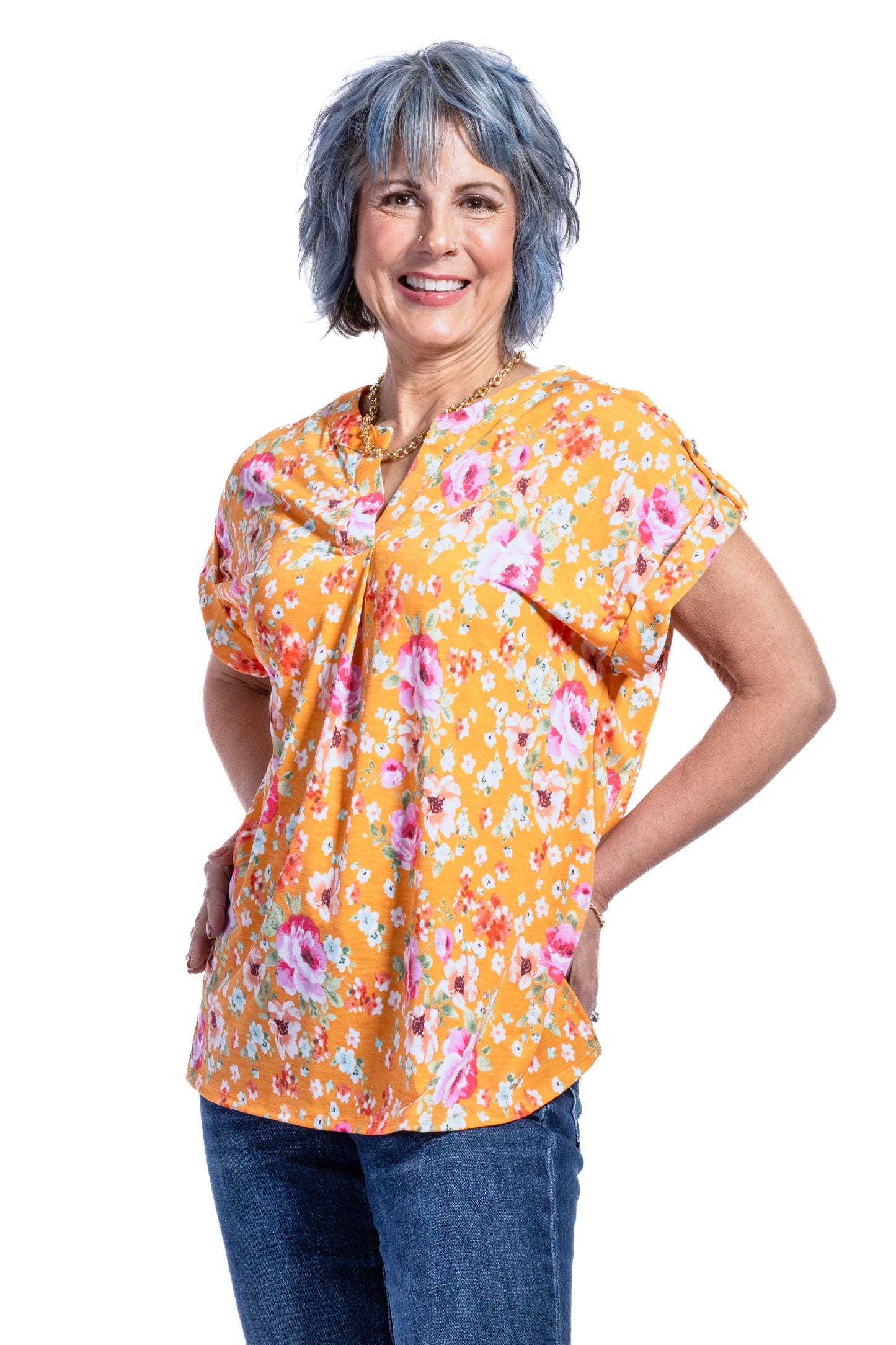 Women's Patterned Split Neckline Short Sleeve Top
