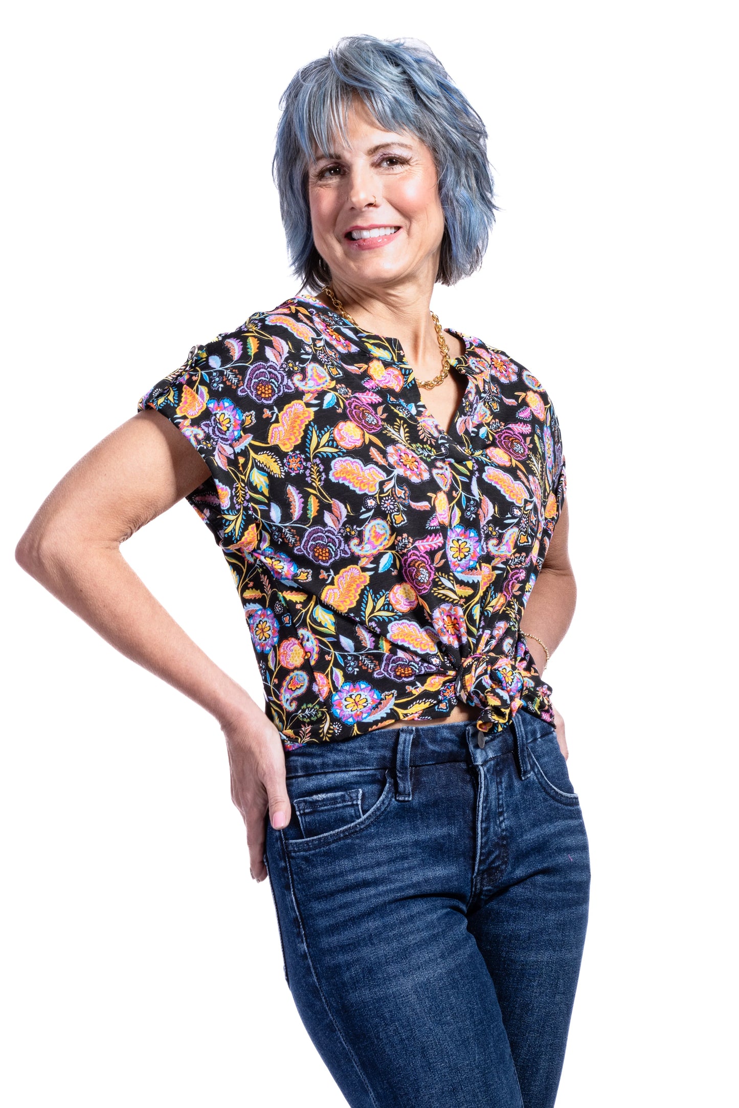 Women's Patterned Split Neckline Short Sleeve Top