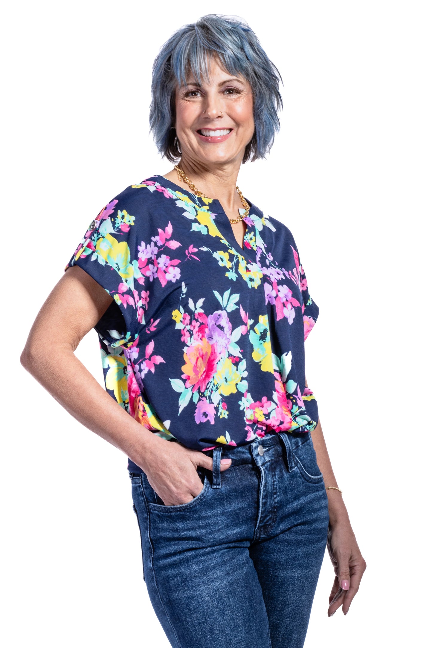 Women's Patterned Split Neckline Short Sleeve Top