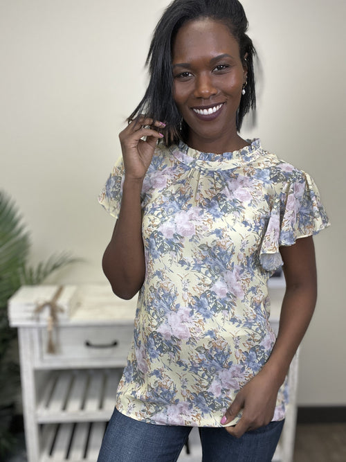 Our Song Women's Mock Neckline Ruffle Short Sleeve Top