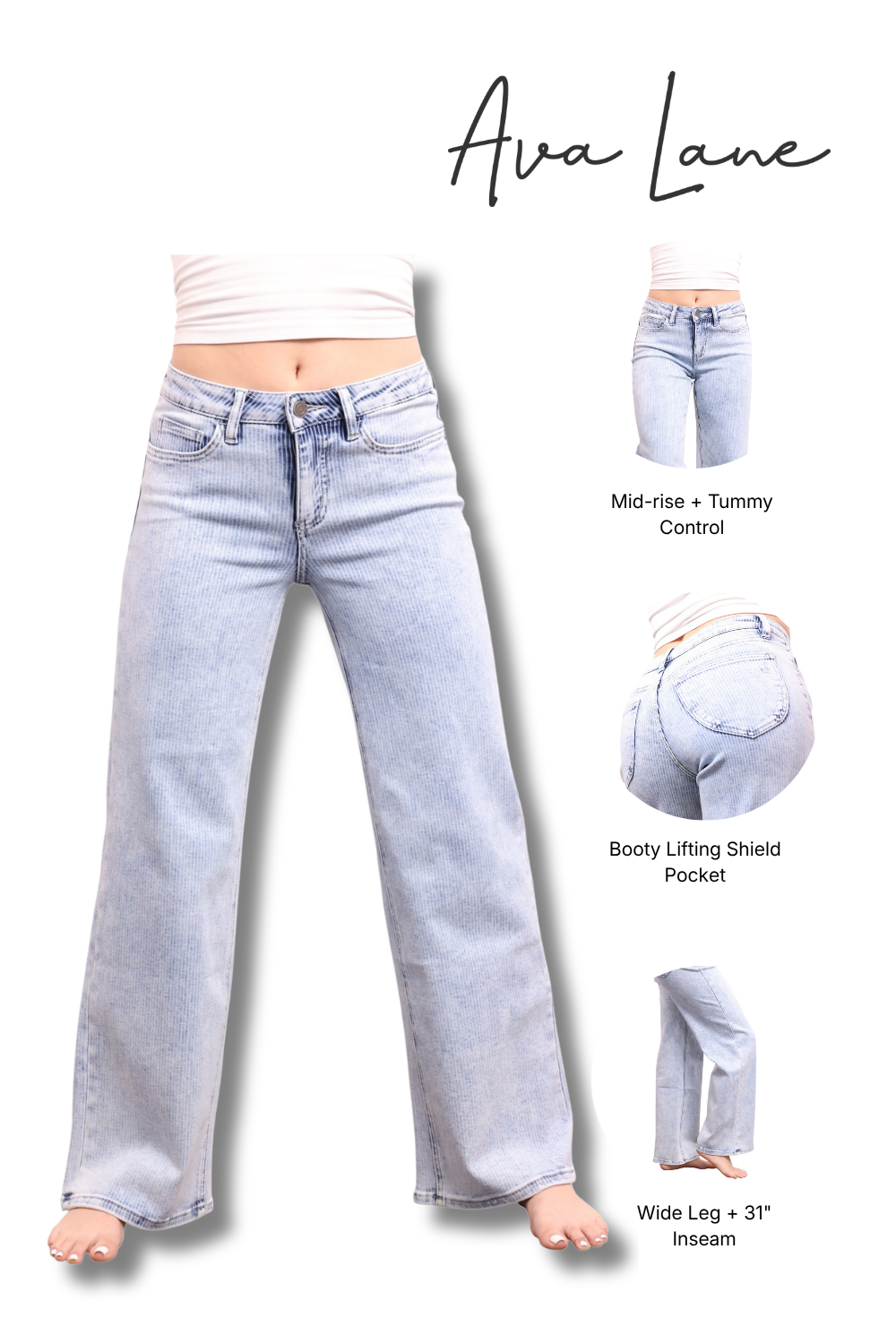 The Bristol Mid-Rise Tummy Control Wide Leg Striped Jeans