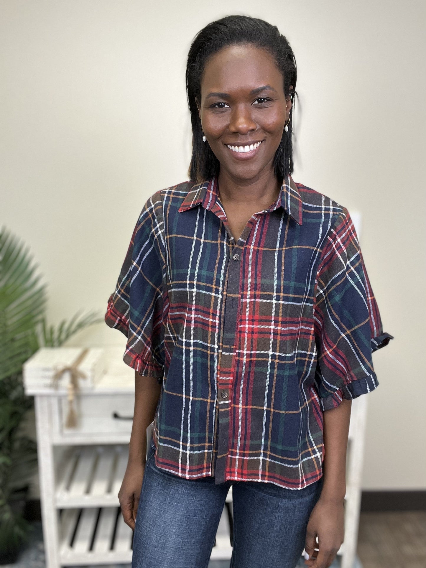 Making Plans Women's Plaid Button Down Short Sleeve Top