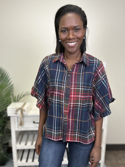 Making Plans Women's Plaid Button Down Short Sleeve Top