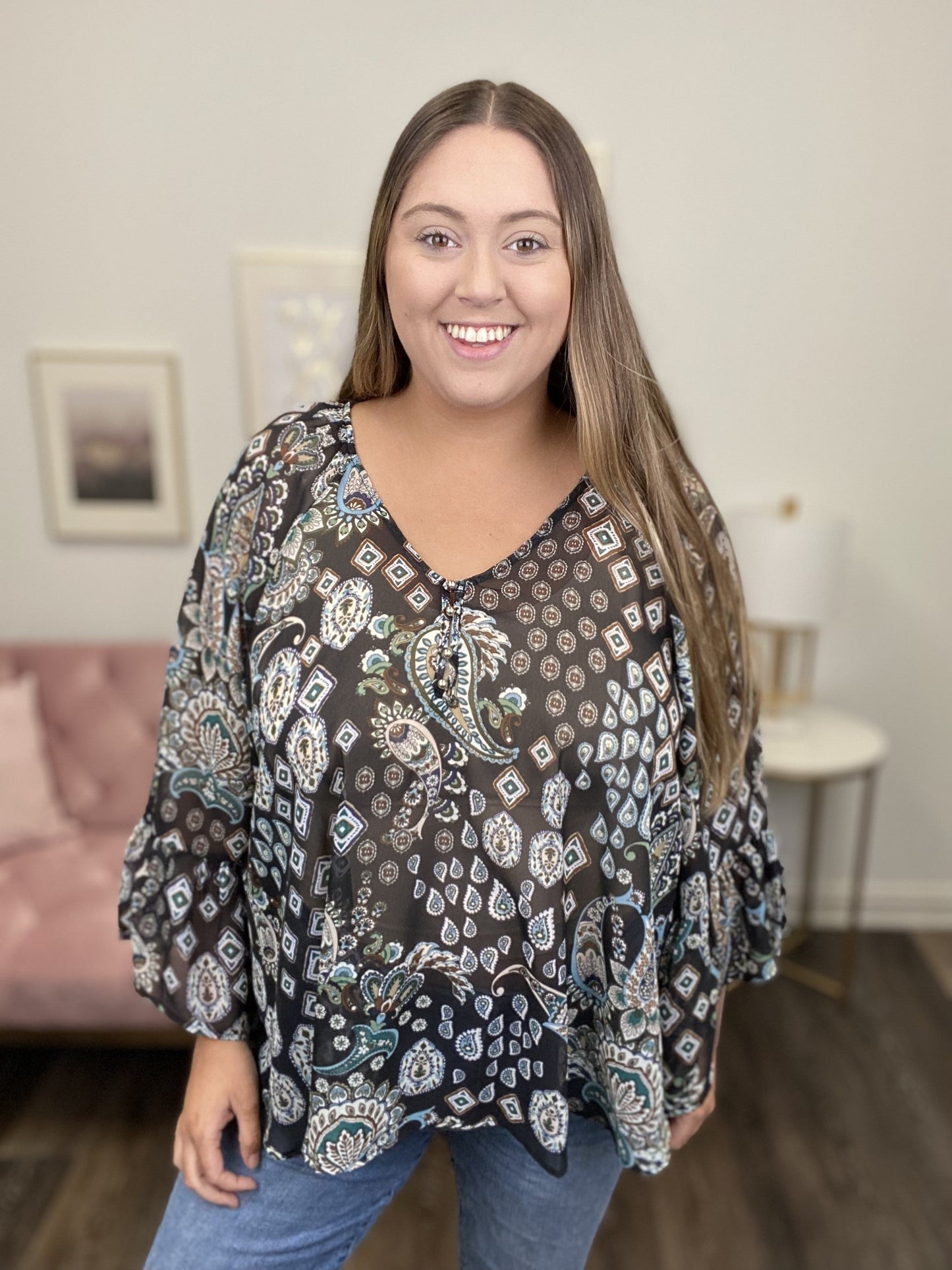Loving Me Women's Paisley Ruffle Long Sleeve Top