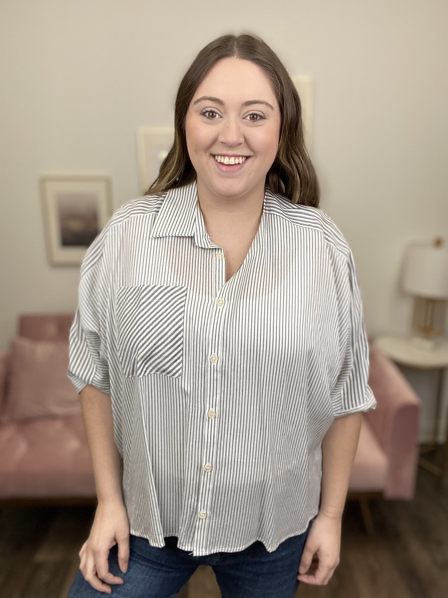 Get Going Women's Striped Button Down Oversized 1/2 Sleeve Top