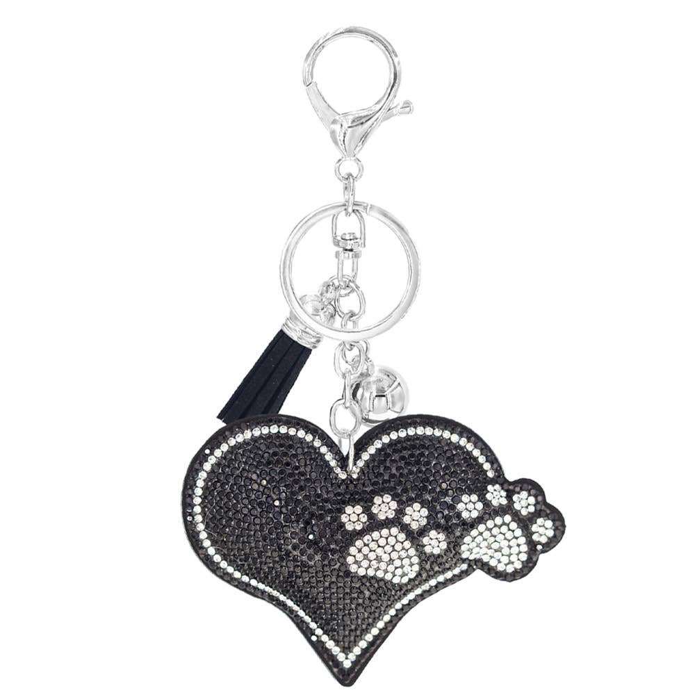 RHINESTONE HEART PAW KEYCHAIN WITH TASSEL,