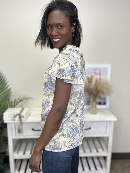 Our Song Women's Mock Neckline Ruffle Short Sleeve Top