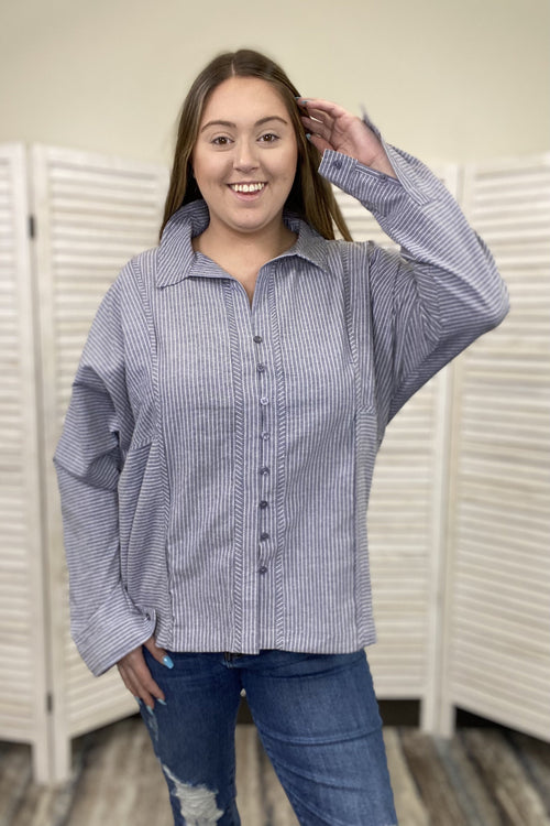 The Pinstripe Paradise Women's Hi-Lo Button Down Long Sleeve Top