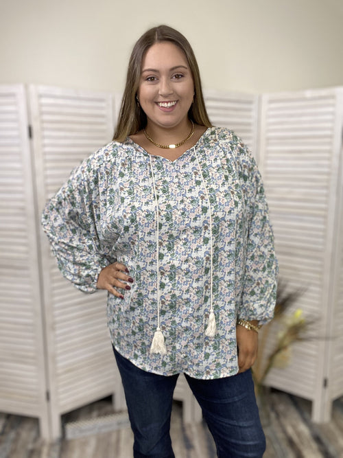 Tie One Up Women's Floral Tassel Long Sleeve Top