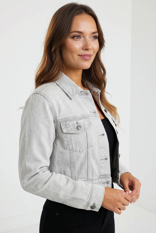 The Steele Cropped Light Gray Wash Denim Jacket