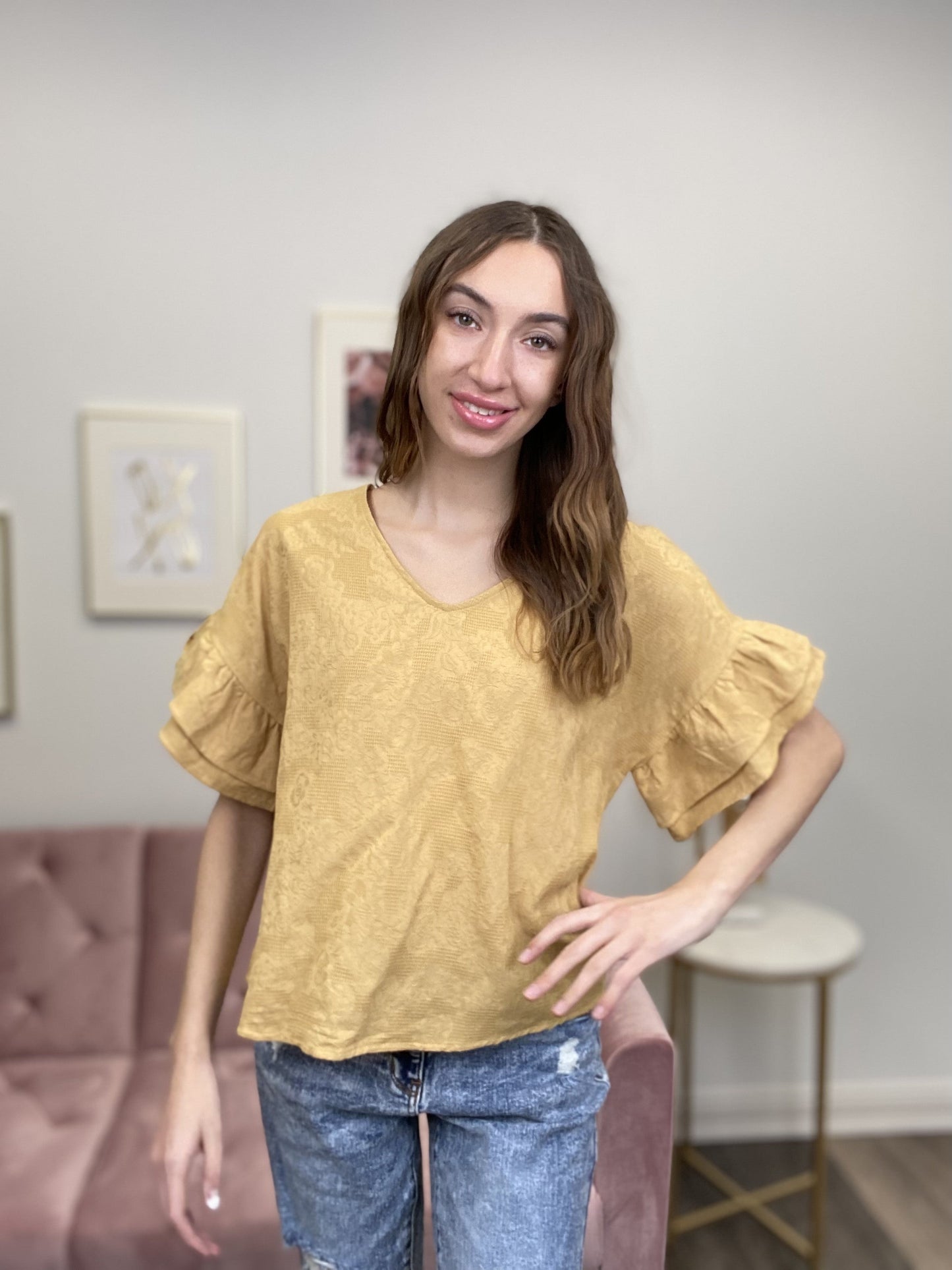 Past Times Women's Woven Ruffle Short Sleeve Top