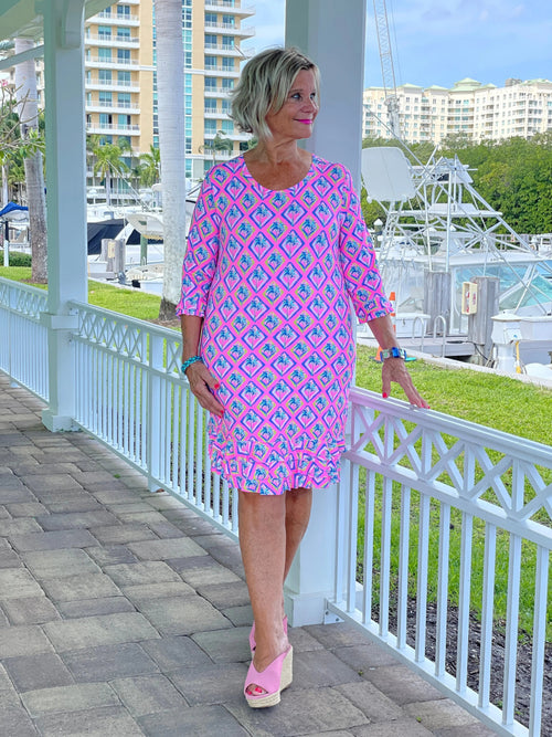 PALM TREE SIESTA RUFFLE SLEEVE DRESS