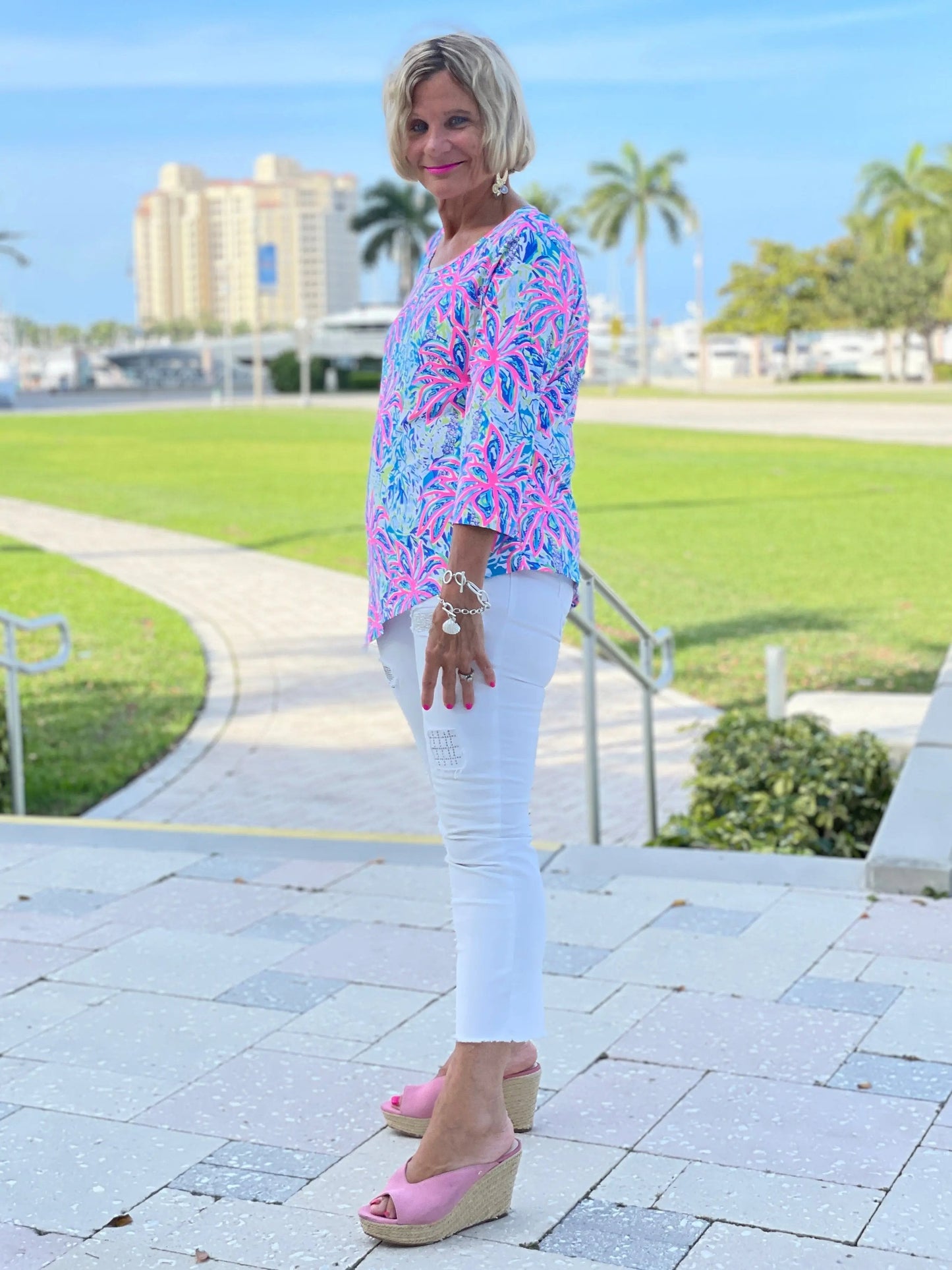 PINK PALM TREE ASYMMETRIC TOP