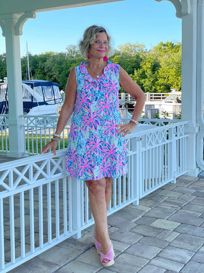 PINK PALM TREE BEACH RUFFLE DRESS
