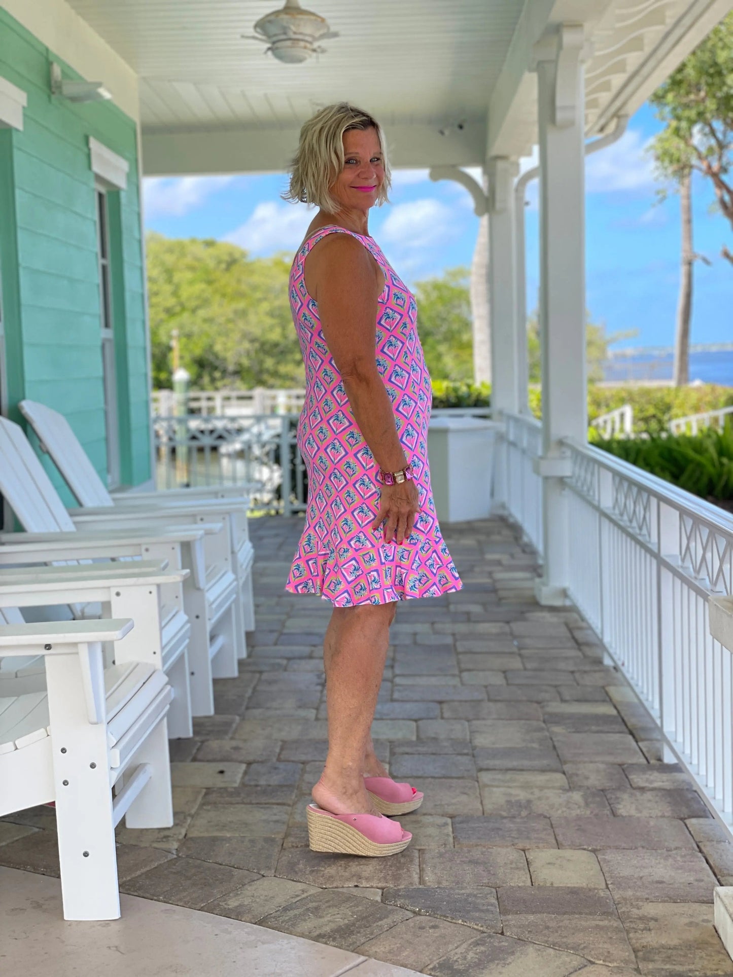 PALM TREE SIESTA HALTER RUFFLE DRESS