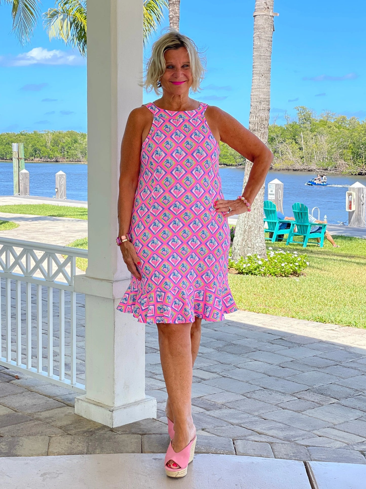PALM TREE SIESTA HALTER RUFFLE DRESS