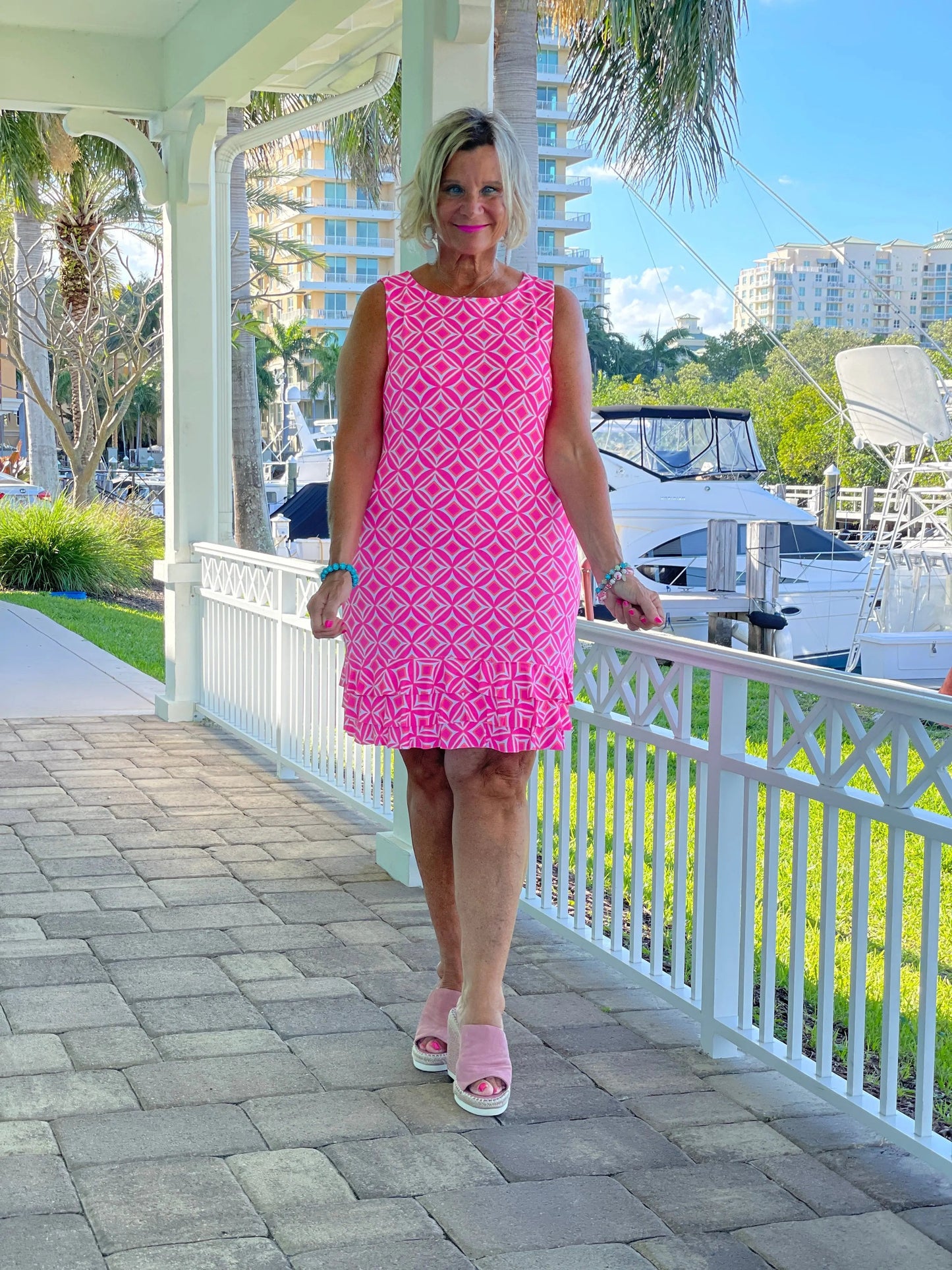 PINK DIAMONDS SHIFT RUFFLE DRESS