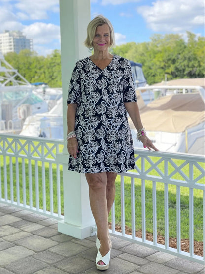 NAUTICAL LANE ELBOW SLEEVE DRESS