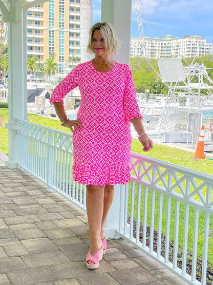 PINK DIAMOND SLEEVE RUFFLE DRESS
