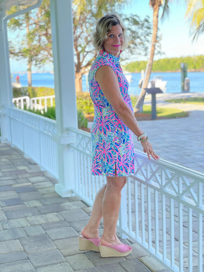 PINK PALM TREE BEACH COLLAR DRESS