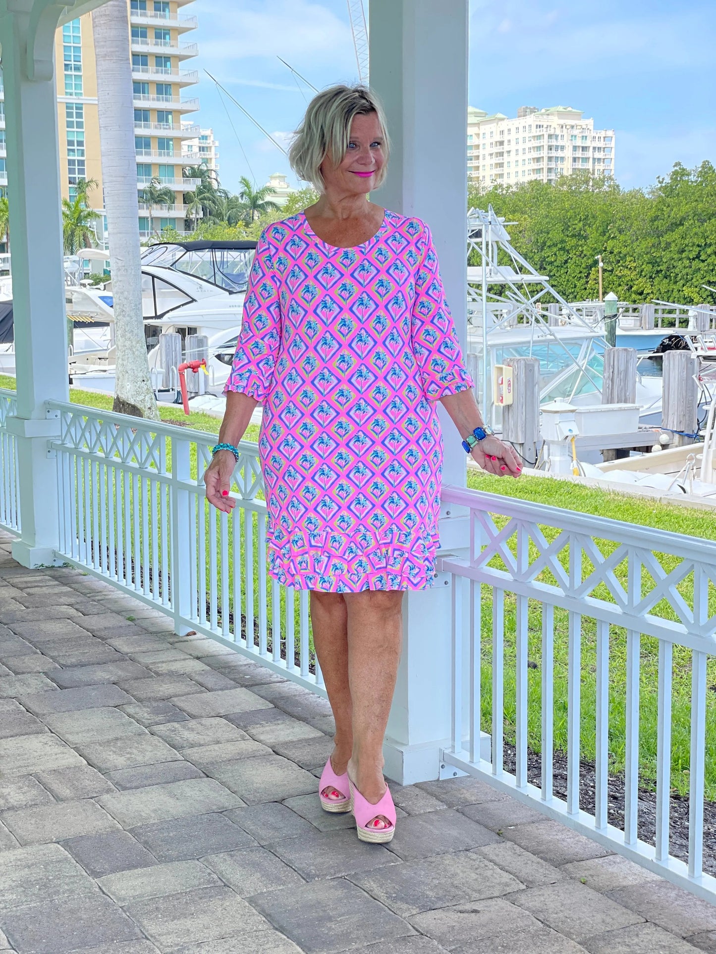 PALM TREE SIESTA RUFFLE SLEEVE DRESS