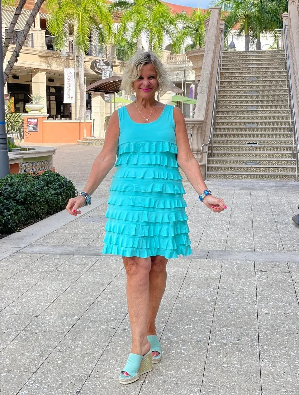 SEAFOAM LAYERED RUFFLE DRESS