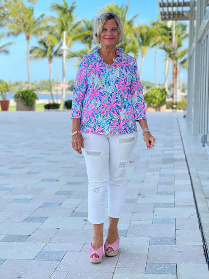 PINK PALM TREE 3/25 RUFFLE TOP