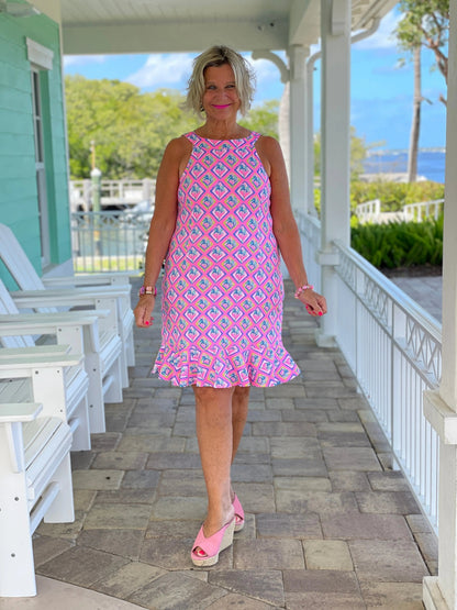 PALM TREE SIESTA HALTER RUFFLE DRESS