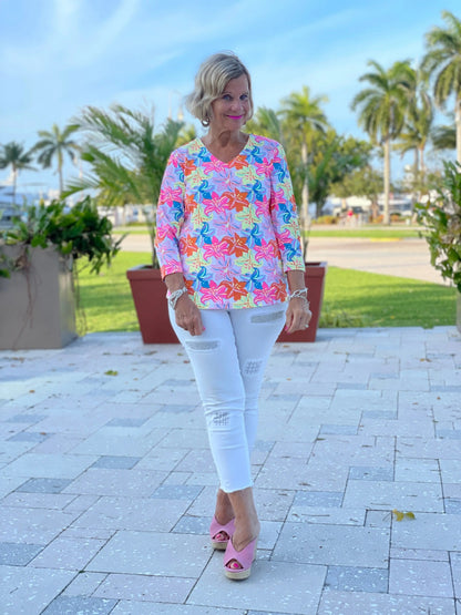 PALM BEACH FLOWER V NECK TOP