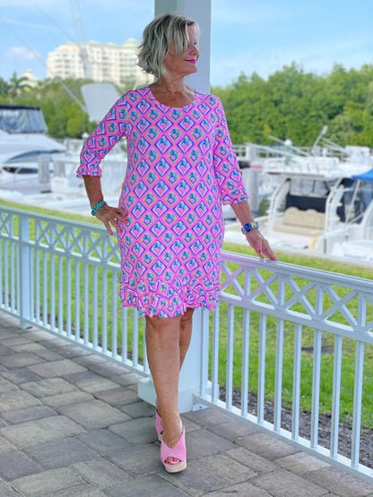 PALM TREE SIESTA RUFFLE SLEEVE DRESS