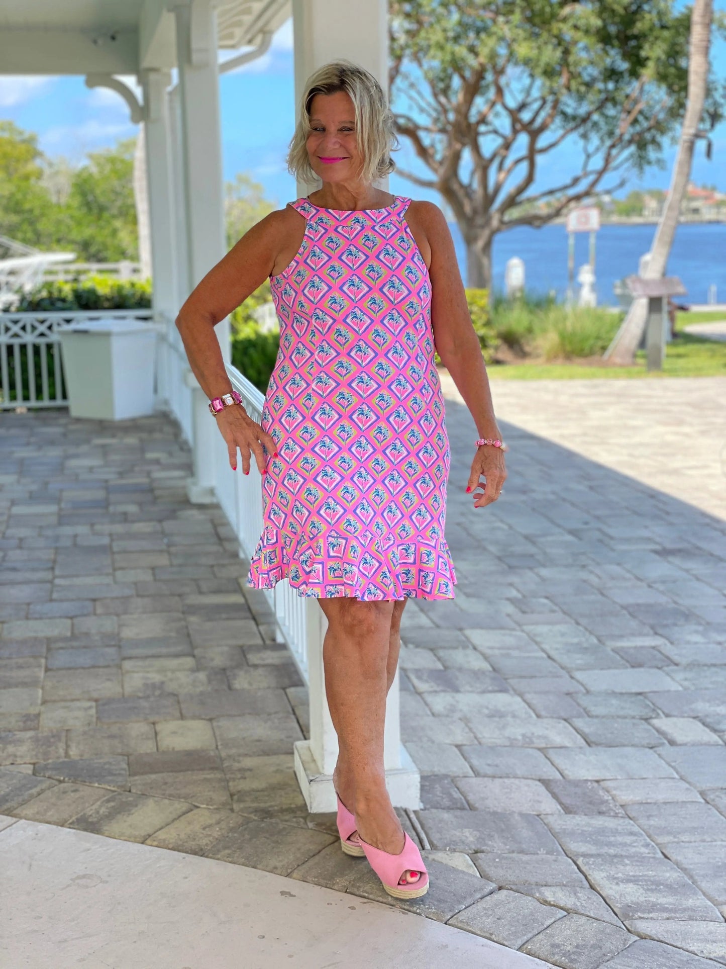 PALM TREE SIESTA HALTER RUFFLE DRESS