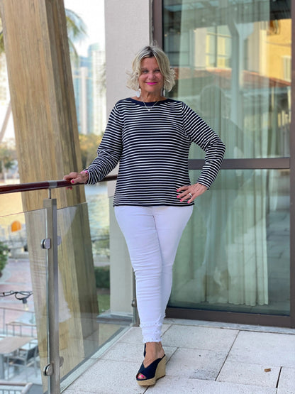 NAVY STRIPE BOATNECK SWEATER