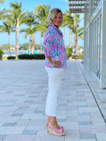 PINK PALM TREE 3/25 RUFFLE TOP