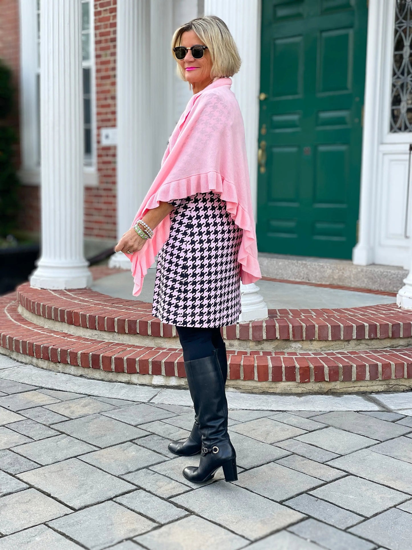PINK AND BLACK HOUNDSTOOTH KEYHOLE DRESS