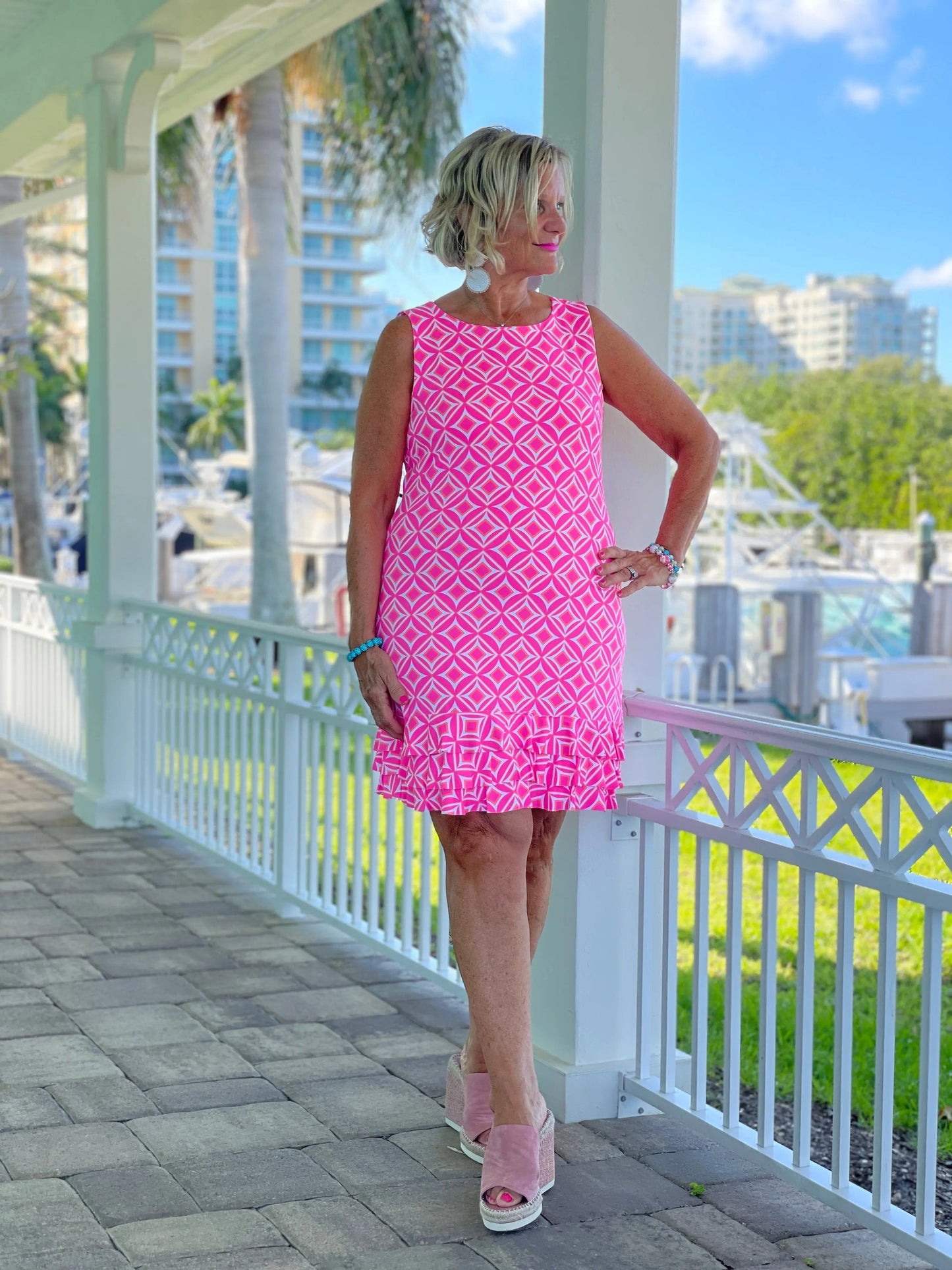 PINK DIAMONDS SHIFT RUFFLE DRESS